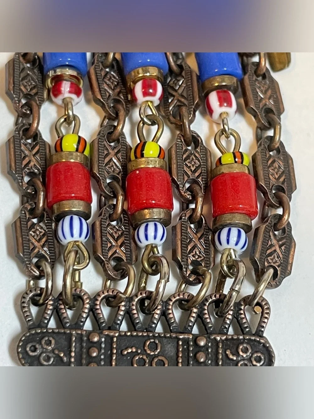 African Egyptian  Style Boho Beaded Copper Chain Brass Paddles Dangle Bracelet
